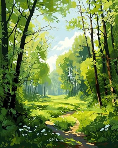 PIPISKY Malen-nach-Zahlen-Sets für Erwachsene und Kinder,Grüner Wald,DIY Ölgemälde Kunsthandwerk Malen nach Zahlen Leinwand für Wanddekoration,16x20Zoll ohne Rahmen