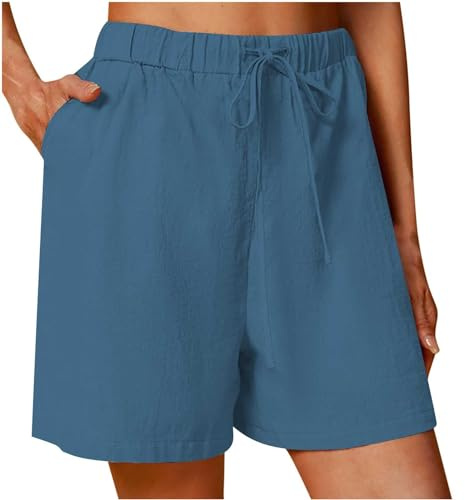 Ladies Linen Shorts,Casual Shorts with Pockets Stretchy Elasticated Waist Drawstring Wide Leg Short Walking Hotpants Loose Comfy Italian Lounge Pants Knee Length Short Plus Size