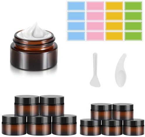 10 Stück Amber Glas Leerdose, Tiegel Cremedose 20ml/30ml Braunen Glasbehälter, Mit Aufkleber, Tragbarer Nachfüllbar Behälter Braunen Nachfüllbar Reisetöpfe Spender für Lotion, Creme, Kosmetik