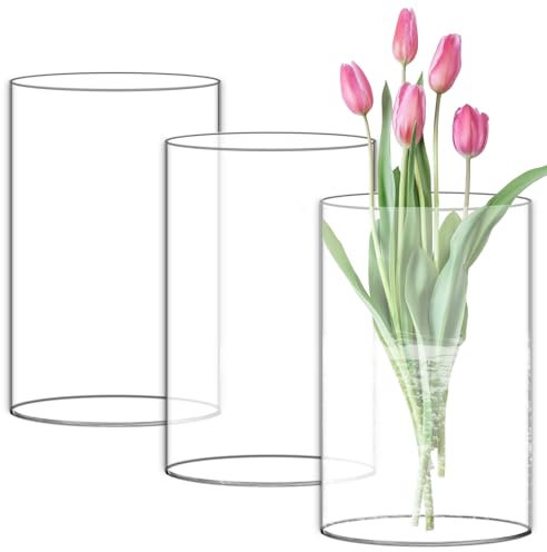 3 vasi di vetro alti 15 cm, 10 cm: cilindri trasparenti con fondo, ampia apertura, borosilicato, ideali per decorare tavoli, candele, tulipani, rose
