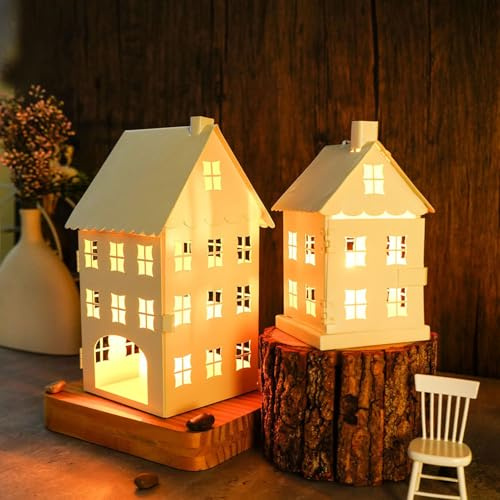 Weihnachtsdorf Lichthaus Metall Kerzenhalter Laterne für Weihnachtsdeko Kerzenständer Teelichthaus,Weihnachten Deko Beleuchtete Windlicht Teelichter Häuser Kerzenhalter für Tischdekoration (2 Stück)