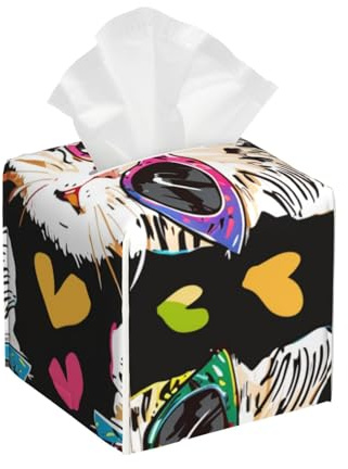 Quadratische Taschentuchbox-Abdeckung, Leder-Tücherwürfelbox, Halter, niedliche lustige Katze mit Sonnenbrille, Cartoon-Stil, Gesichtspapierhülle für Tischplatte, Badezimmer, Auto, Büro, 13 x 13 x 13