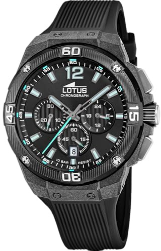 LOTUS Reloj Hombre Analógico de Caucho Negro - Movimiento de Cuarzo - Cronógrafo - Calendario - Cristal Mineral de Alta Resistencia - Resistente al Agua 10 ATM 18975/3 Chrono