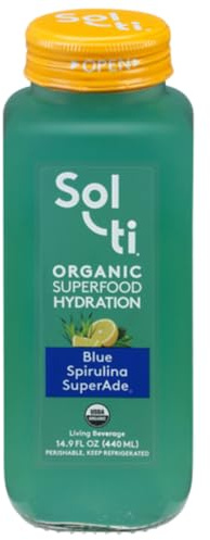 Organic SuperAde Hydration Drink, Boosts Memory, SuperFood Lemonade by Sol-ti, Cold-Pressed Blue Spirulina and Lemon Juice Blend, 16 Pack (14.9 Fl oz)