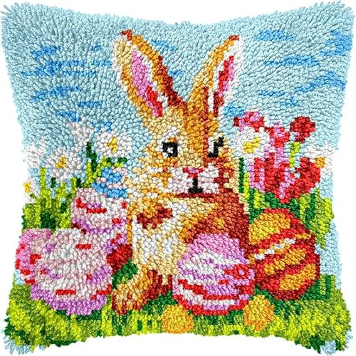 DIY Knüpfkissen-Set für Erwachsene, Oster- und Hasen-Kissenbezug, bedruckter Kissenbezug, Häkelgarne, Knüpfhaken, handgefertigtes Kissen für Zuhause, Sofa, Dekoration, 43,2 x 43,2 cm (H1)