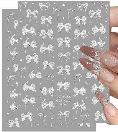 LOZTBUE 2 weiße Nagelsticker mit Spitzenschleife Selbstklebende süße Strass-Nagelsticker mit Schleife Kristall-Strass-Schleifenband-Nagelsticker Schleifenband-Nagelsticker Nailart