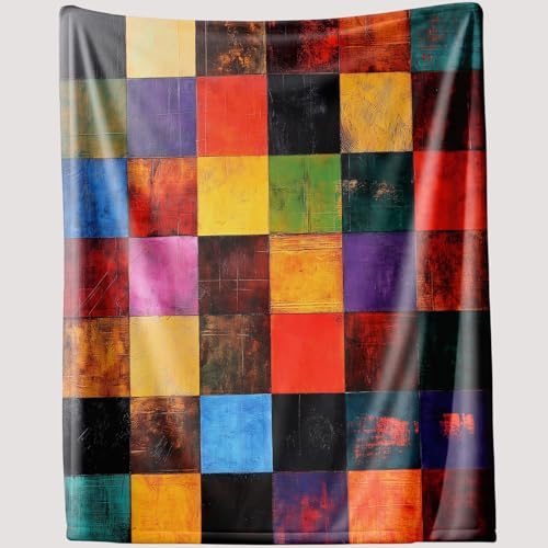 Pggong Gitter Patchwork Sofadecke Kuscheldecke 220x240 cm Flauschig, Bunt Kariert Muster Decke Doppelgesicht Flanell, Weiche Sofadecke, Graffiti Hippie Decke Couchdecke Waschbar für Bett Sofa