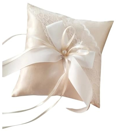 SynapSYA Ring Kissen FüR Hochzeit Ringkissen zur Hochzeit for Hochzeitsdekoration, 15 x 15 cm, Beige, Ringkissen, Dekor, Satin, Brautkissen mit Bändern, Spitze FüR RingträGer
