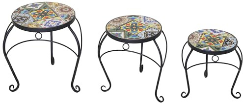 Annastore 3er-Set Blumenhocker aus Metall mit Mosaik-Keramikfliesen | Blumenständer, Pflanzenständer, Pflanzenhocker