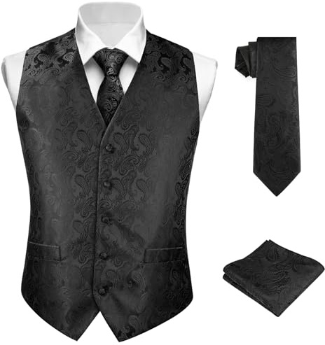 BSBUY Kostymväst för män, klassisk formell väst för män, elegant ärmlös V-hals herrväst, affärsdräkt för brudfest med fickor, väst set slips och näsduk, XL