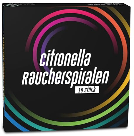 Citronella Räucherspirale Set – 10x extra Starke Spiralen + 2 Halter | 2 Halter – Zitroniger Duft für Outdoor – Brenndauer ca. 7h – Schwarze Box – Ideal für Camping, Garten, Balkon, Terrasse
