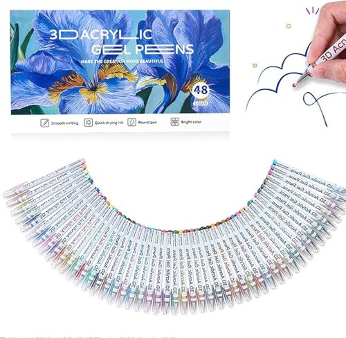 Pen en gel acrylique 3D, PEN 3D 1.0 - Pens de gel acrylique 1,0 mm 3D Marqueurs | Encre à séchage rapide, fournitures d'art de 48 couleurs, papeterie pour une écriture en douceur, la fabrica