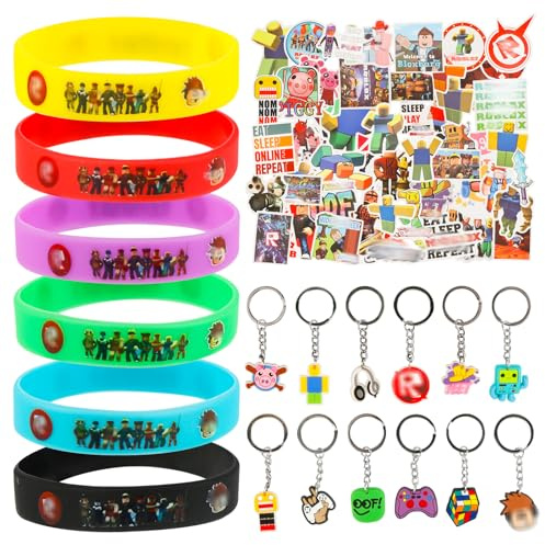Ainvliya Roblx Partytütenfüller, 50 Aufkleber, 12 Silikon-Armbänder, 12 Schlüsselanhänger, Partytütenzubehör für Kinder, Jungen, Mädchen, 74 Stück