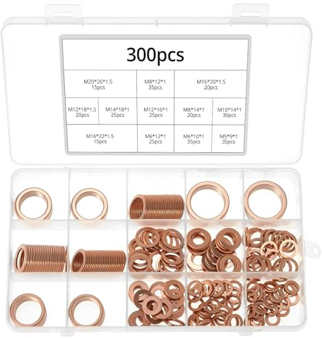 QWORK® 300 PCS Red Copper Sealing Rings Assortment Set – 12 Sizes M5-M20 Metric Flat Washers, High Conductivity Sump Plug Gasket Crush Washer Kit for Automotive, Marine, Electrical Applications