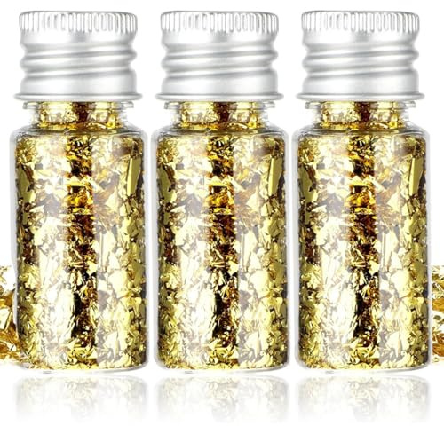 BOBISHE Blattgold Essbar für Torten, 3 Flaschen Blattgoldblätter zum Backen Multifunktion Goldfolie Flocken, Multifunktion Goldfolie Papier für DIY Basteln, Blattgold Flocken Kuchendekoration