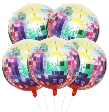 ParPix 5 Stk Bunt Discokugel Folienballons, 22 Zoll Disco Party Deko Luftballon, Disco Deko Folienballon, Discos Themenparty Ballon,70er 80er 90er Jahre Dekos Luftballons,Dekos Discokugel Folienballon