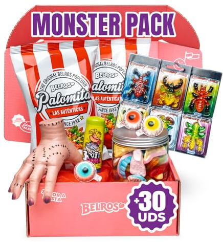 BELROS Pack Especial Halloween, Incluye Mix de 13 Chuches Surtidas y Mano Terrorifica de Plastico de Regalo. Golosinas y Caramelos en Botes Reutilizables. Tarro con Surtido de Golosinas Terrorificas
