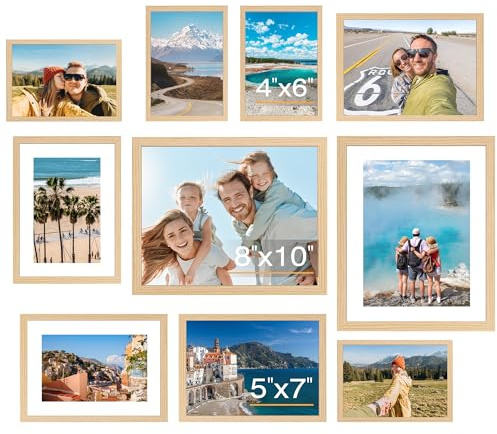 FIXSMITH 10 Pack Natural Picture Frames Collage Wall Decor for Mounting or Tabletop Display, Gallery Wall Frame Set with Two 8x10 Natural Frames, Four 5x7 and Four 4x6 Frames, Multi-Pack Photo Frame Set