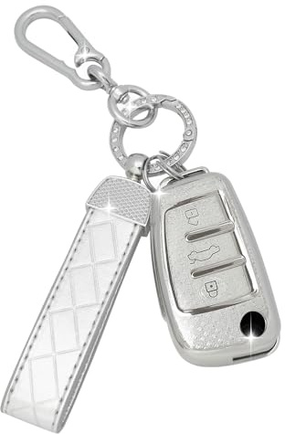 SparkleJoy Autoschlüssel Hülle mit Leder-Schlüsselanhänger Kompatibel mit Audi A1/A3/A4/A6/Q3/Q5/Q7/S3/R8/TT/Seat 3 Tasten Schlüssel, TPU Silikon Schutzhülle Cover - Flip Key (Silber)