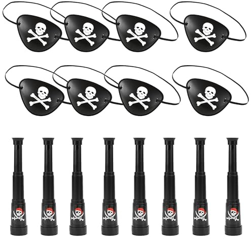 XCSJ 16 Stück Piraten Kostüm Zubehör, Piraten Fernrohr und Piraten Augenklappe, Piraten Deko Set für Halloween, Karneval, Cosplay Und Piraten Party Kostüm Prop, Piratenzubehör (schwarz)