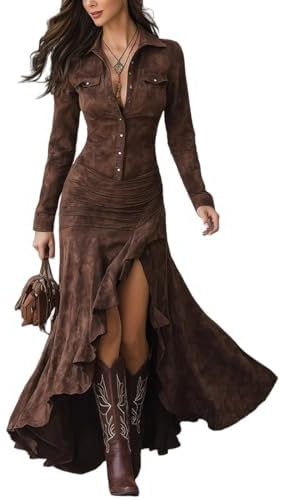Abiti da donna vintage western, abito lungo in pelle scamosciata con scollo a V, abbottonatura e maniche lunghe, abito western in pelle scamosciata per donne, Marrone scuro, S