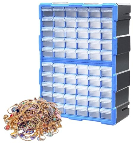 Armoire de rangement à 60 tiroirs pour quincaillerie et travaux manuels – Empilable avec compartiments transparents – Solution de rangement multifonction pour garage et atelier – 48,5 x 37,5 x 18 cm