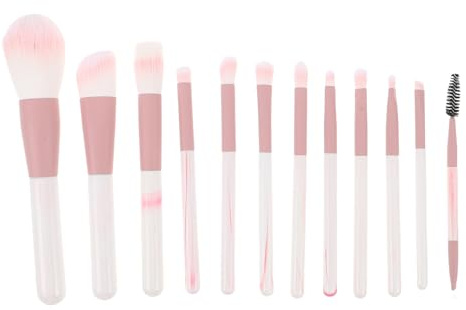 LOLIPPYY 12 St Delars Makeupborstset med Estetiska Vattenmönstrade Trähandtag Inkluderar Ögonbrynsborstar Contourborstar och Blandningsborstar för Ansikte Ergonomiska Rosa Verktyg för
