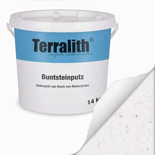 Terralith Buntsteinputz 14kg in weiß, Sockelputz für Innen und Außen mit Reinacrylat Bindemittel aus Naturstein, 1-2mm Körnung (BSP1103)
