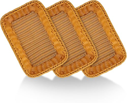 elthmpr Lot de 3 paniers rectangulaires en osier - 30 x 20 x 7 cm - Panier à petits pains tressé - Vide - Pour restaurant, service, nourriture, maison et cuisine