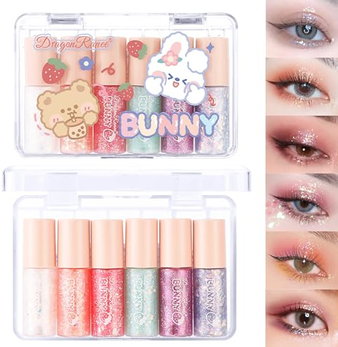 6 Pcs Liquid Glitter Eyeshadow Eyeliner Set, Colorful & Bling Under Eye Shadow, Shimmer Eye Make Up Gift Set for Women, Long Lasting, Quick Drying & Pigmented Loose Glitter Glue for Crystal