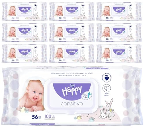 bella baby Happy Babyfeuchttücher Sensitive mit Klickverschluss, 10er Pack (10 x 56 Stück) Feuchttücher für Babys zur Pflege von sensibler Haut