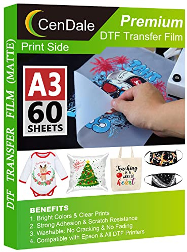 CenDale DTF Lot de 60 feuilles de film de transfert transparent mat double face pour impression directe sur t-shirts textiles A3 (29,7 x 41,9 cm)
