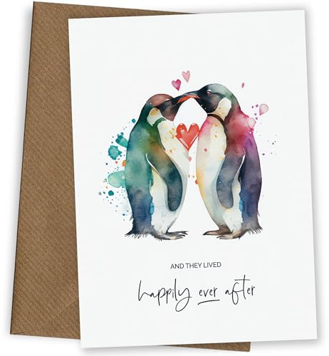 Congratulations Wedding Day Card for Bride & Groom - Happily Ever After - Watercolour Penguins