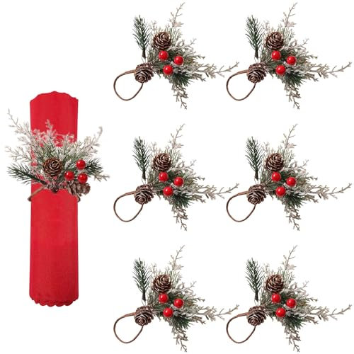 OTKARXUS Serviettenringe für Weihnachten, 6 Stück, verschneite Tannenzapfen, rote Beeren, Serviettenhalter, Ringe für Weihnachten, Jahrestag, Abendessen, Hochzeit, Party, Bankett, Tischdekoration