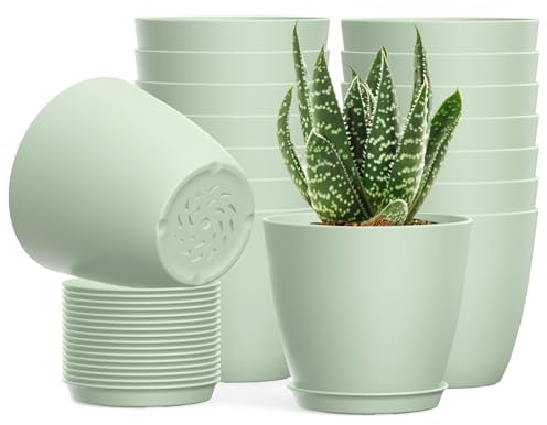 UOUZ 16Pack 4inch Small Plant Pots, Plastic Planters with Drainage Holes and Saucers for Indoor Outdoor Garden Plants and Flowers, Green