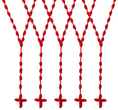 DICOSMETIC 5Pcs Colliers Noués à la Main en Rouge Brique Colliers de Chapelet Noués 74cm Collier de Chapelet en Corde de Nylon Croix de Corde de Nylon Pack de Perles de Chapelet pour Cadeau de Pâques