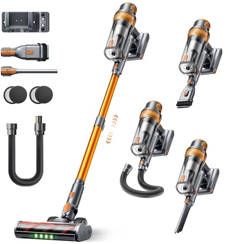 SMOTURE VAC04 Akku Staubsauger, 50.000 Pa Saugkraft, 65 Min Laufzeit, Selbststehender Staubsauger Kabellos mit Flexschlauch, Anti-Tangle-Bürste, Wandladestation für Tierhaare, Teppiche und Hartböden