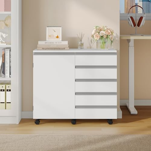 Hzuaneri Rollcontainer 40x80x70cm 5 Schubl. Tür weiß | Mobil mit Rollen, platzsparend, Stauraum. Für Büro/Homeoffice. 40x80x70cm, weiß, robuste Konstruktion. Ref. FC52503X.