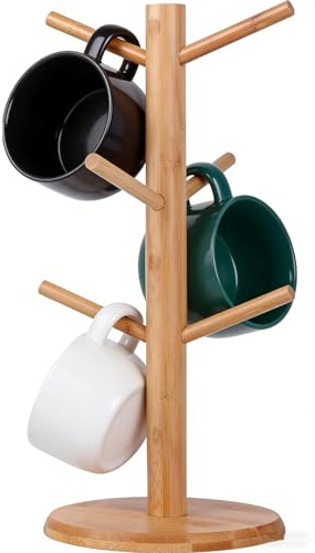 Novastream Mug Tree 6 Mugs, Wooden Mug Stand with 3 Non-Slip Pads, Space Saving Cup Holder for Kitchen and Office, Bamboo Cup Tree for Coffee Tea Mugs (14x34cm)