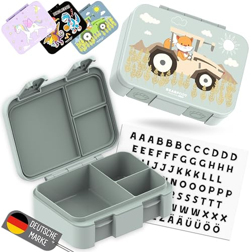 BEARFOOT Bento Box COMPACT Kinder Brotdose (Traktor-grün, 650 ml) | BPA-frei, auslaufsichere Lunchbox mit Fächern, für Schule & Kindergarten, für Mädchen & Jungen, leicht & kompakt
