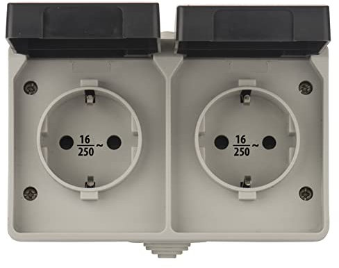 EMOS 2-Way Protective Contact Socket with Hinged Lids, Surface-Mounted for Wall Mounting, Suitable for Wet Rooms and Outdoor Use, 250 V ~ / 16 A Max. Protection Class IP44/IP54, Schuko, Plastic