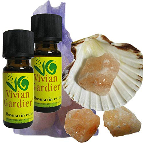 Rosmarin Cineol ätherisches Öl naturrein 2 x 10ml aus kontrolliertem Anbau. 7 teiliges Aromatherapie Duft Set mit Muschel + 3 Salz Kristalle zum Beduften + Säckchen. 50049