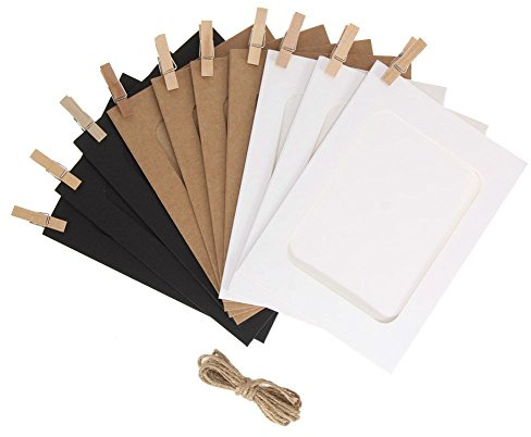 AKOAK 30 Pcs DIY Kraft Paper Cardboard Photo Frame with Wooden Clips and String,White/Black/Brown Three Colors and Each Color 10 Pcs,Great for Home Decor (5 x 7)