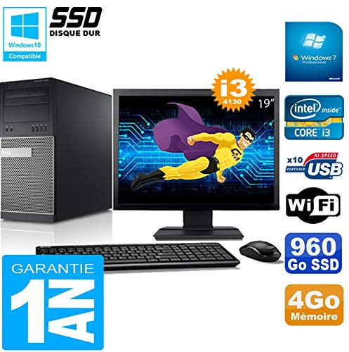 Dell - Ordenador de sobremesa Torre 9020 Core I3-4130 RAM Disco de 4 GB 960 GB SSD WiFi W7 Pantalla 19 Pulgadas (reacondicionado)