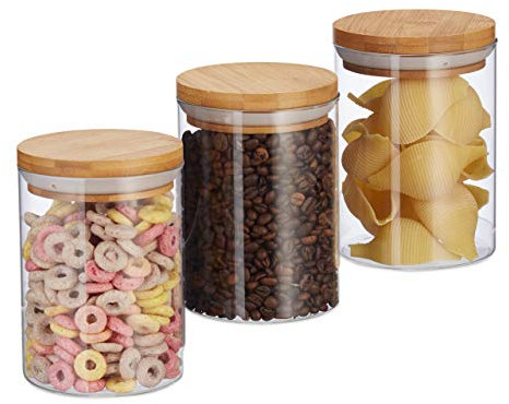 Relaxdays Vorratsdosen Glas, 3er Set, für Pasta, Reis, Müsli, Kaffeebohnen, Volumen 600 ml, HxD 14x9,5 cm, , natur, Transparent, Hellbraun, Natürlich