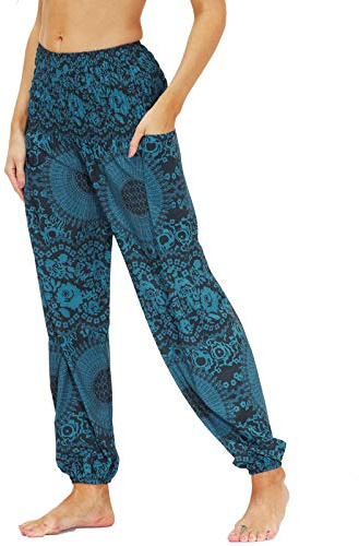 Nuofengkudu Women's Hippie Harem Yoga Pants with Pockets Smocked High Waisted Baggy Soft Bohemian Print Colourful Summer Trousers Lightweight Flowy Travel Holiday Beachwear(Y-Pattern 09,One Size)