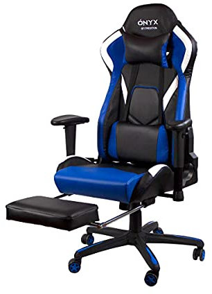 PRIXTON Silla de Escritorio Gaming de PVC Ónyx, Silla Gamer con Reposapiés Integrado, Cojín Cervical y Vertical Incluido, Reclinable 180º
