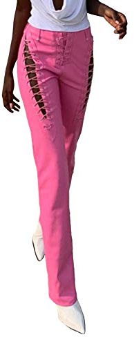 xxxiticat Women's Lace Up PU Leather Pants Chic High Waist Hollow Out Drawstring Bandage Cut Out Faux Leather Trousers - pink - Medium