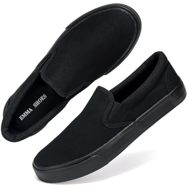 Emma Shoes Low-Top Slip Ons Women's Fashion Sneakers Casual Canvas Sneakers for Women Comfortable Flats Breathable Padded Insole Slip on Sneakers Women Low Slip on Shoes, All Black, 10