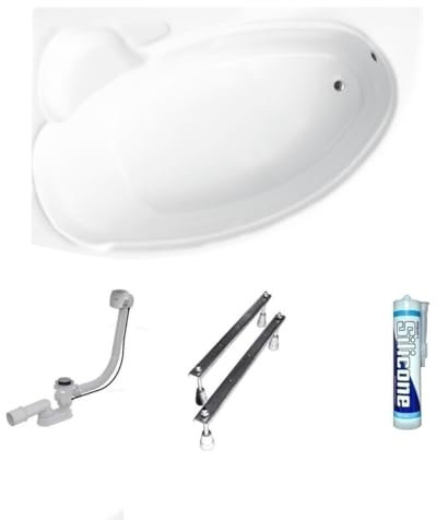 ECOLAM Baignoire d'angle en acrylique Finezja 140x95 cm| version gauche | pieds siphon et silicone | Baignoire acrylique blanc | baignoire confortable